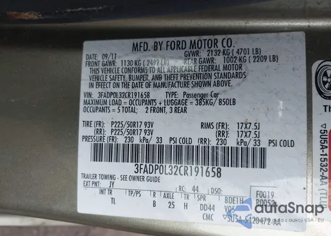 2012 Ford Fusion Hybrid z USA, uszkodzony, nr VIN 3FADP0L32CR191658